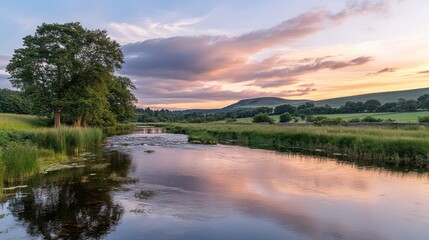 Sunset river landscape reflection idyllic nature