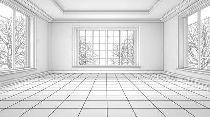 Elegant Interior Sketch: A sophisticated room unfolds in a minimalist monochrome sketch, with grid-patterned flooring, framed windows reveal a serene winter vista. 