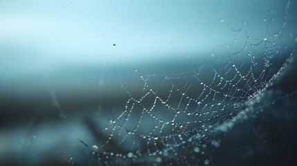 A detailed look at a delicate, water-droplet-covered spider web, set against a softly blurred background, celebrating the art of nature's intricate design.