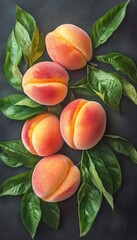 Five Ripe Peaches with Stems and Leaves, Arranged on a Black Background, Still Life Photography