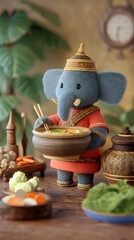 Cozy 3d animation elephant chef crafts delicious noodles in culinary art