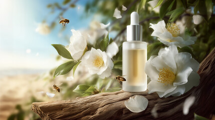 Bees pollinating flowers in a bright nature scene - close-up photography ads banner mockup style