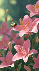 Bees pollinating pink lilies in a serene nature garden close-up photography 3d animation