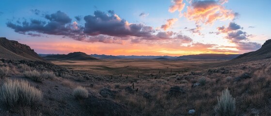 Landscape showcases vast plains at twilight, capturing essence of wilderness under colorful sky.