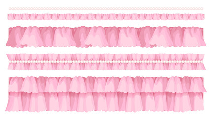 Elegant Ruffle and Pearl Lace Borders – Romantic Pink Fabric Trim Collection PNG