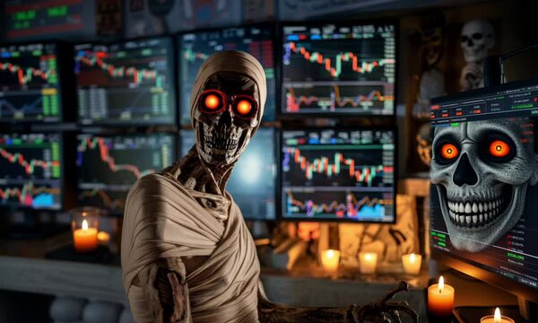 A cryptic skeleton monitors stock market fluctuations on multiple screens.