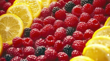 Vibrant raspberries blackberries and lemon slices closeup