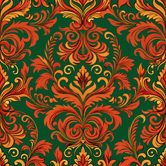 Rich Baroque Brocade Pattern in Vibrant Green and Orange, seamless vector pattern  