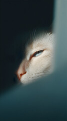 Cat peering curiously from shadows indoor setting close-up enigmatic view