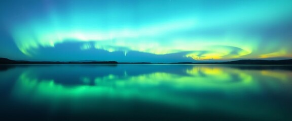 Vast blue aurora borealis reflected in tranquil water, leaving ample copy space, Serenity, Dark