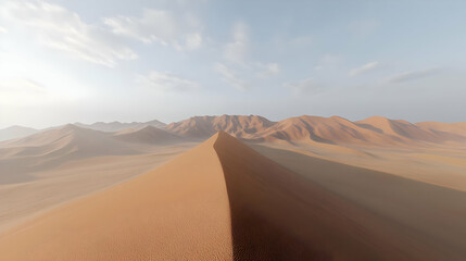 Fototapeta premium Vast desert landscape under a pale sky, featuring a prominent dune with distant mountains. Soft light bathes the scene