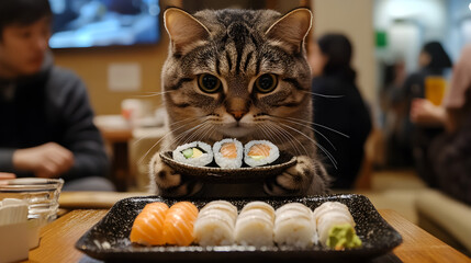 Cat waiter enjoying seerve sushi at a japanese restaurant culinary delight cozy atmosphere close-up. Funny meme style