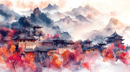 Serene watercolor landscape of chinese ancient architecture in autumn tranquil setting. watercolor technique