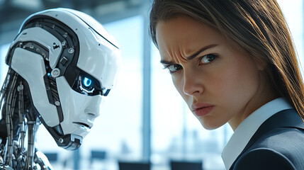 An angry businesswoman stands in front of a humanoid modern robot in a business center