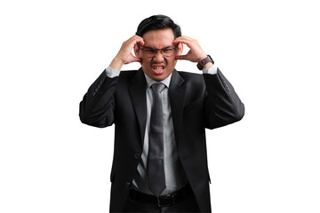 Handsome Asian businessman in suit feeling stressed and holding head, isolated on transparent...