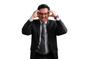 Handsome Asian businessman in suit feeling stressed and holding head, isolated on transparent background