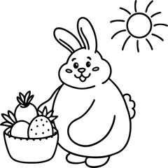 A chubby bunny holding a big carrot with stars, flowers, and a basket of vegetables nearby. Add a smiling sun. simple black and white art coloring page.