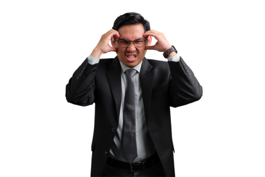 Handsome Asian businessman in suit feeling stressed and holding head, isolated on transparent background