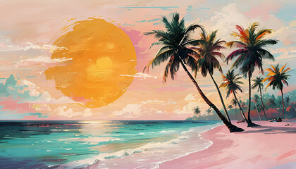 Digital Painting Of A Tranquil Tropical Beach At Sunset