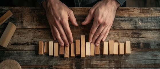 Adult male arranges wooden blocks on rustic table, demonstrating strategic planning and risk assessment.