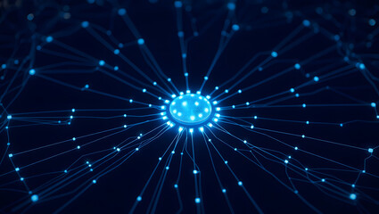 Glowing Data Node Network Connections and Digital Flow Visualization