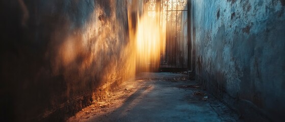 Light streams through the gate at end of a narrow, weathered alleyway, casting shadows on aged walls and illuminating pathway.