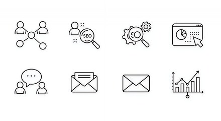 Digital Marketing Strategy Icons: SEO, Networking, Analytics, and Communication