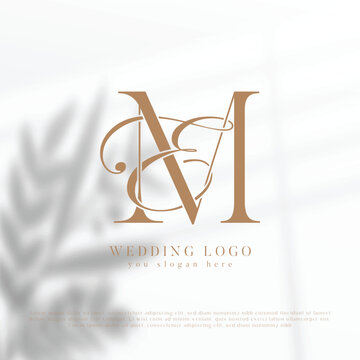 Letter EM wedding monogram logo design with simple natural frame