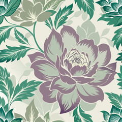 Vintage Botanical Floral Pattern in Faded Greens, seamless vector pattern  