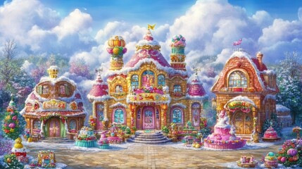 Enchanting gingerbread village fantasy landscape illustration winter wonderland confectionery dream magical houses sweet architecture