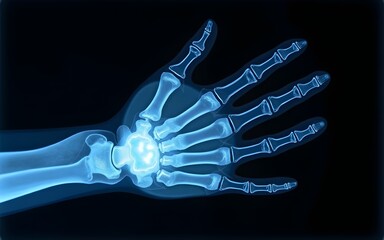 Fototapeta premium An X-ray image of a human hand, displaying intricate bone structures, joints, and finger phalanges with a glowing blue effect. High quality