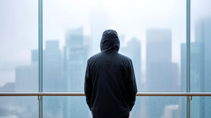 Person in dark hooded jacket stands alone facing large window, overlooking modern city skyline on rainy, overcast day, evoking contemplative mood