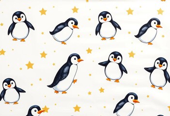 Fototapeta premium Seamless white wrapping paper design featuring adorable penguins & gold stars, illustration, illustration