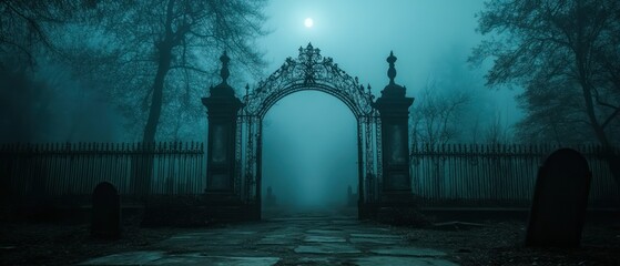 Ornate iron gate stands as entrance, shrouded by thick fog among tombstones under moonlight, creating a somber, eerie mood.