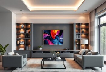 Fototapeta premium Modern gray living room, built-in bookcase, framed poster, minimalist decor, comfy, calm