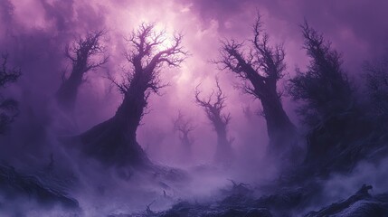 Mauve mist envelops a forest of petrified trees, their branches reaching skyward like skeletal fingers.