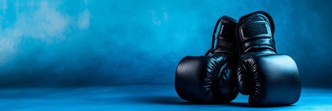 A pair of Krav Maga gloves strategically placed on a gym floor - awaiting a session of powerful self-defense training wide banner - blue background - Powered by Adobe