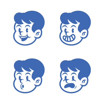 Set of retro cartoon boy face expressions in bold blue line art style, showing happy, cheeky, surprised, and smiling moods. Great for stickers, branding, mascot, and kids design