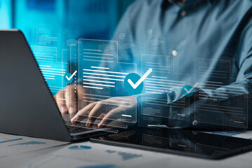 Businessman doing online survey to fill out digital document form for business performance review,...