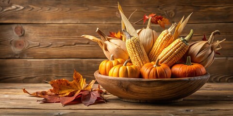Dried corn husk arrangement with artificial pumpkins and fall leaves