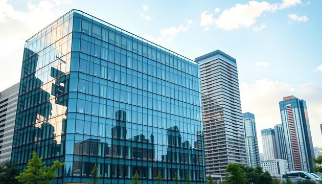 Sleek glass facade of a modern eco-friendly office building in a city skyline, green building, sustainable - Powered by Adobe