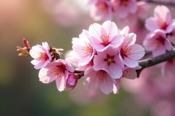 Obraz premium Pink cherry blossoms in full bloom, bee pollinating, cherry blossom, pollinator