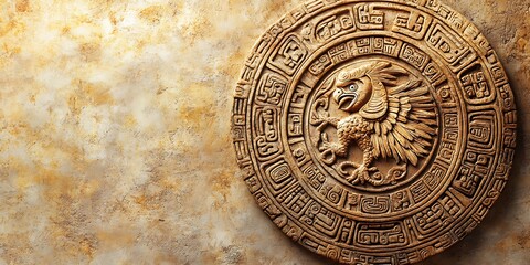 Naklejka premium Ancient Mesoamerican calendar stone carving on a textured surface