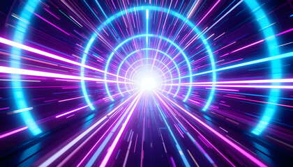 Abstract Neon Tunnel Futuristic Light Trails and Glowing Circles in Vibrant Purple and Blue