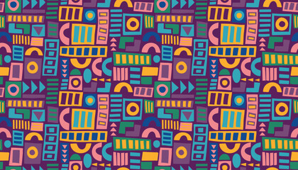 Hand drawn abstract seamless geometric pattern. African ethnic colorful background. Vector banner in flat style.