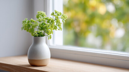 Small ceramic vase with green flowers sits on wooden window sill, creating serene and natural atmosphere. blurred background adds touch of tranquility © Tiravad