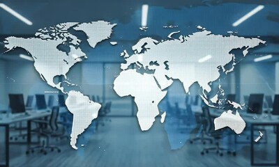 Abstract World Map Overlayed On Modern Office Interior Illuminated With Blue Light - Powered by Adobe