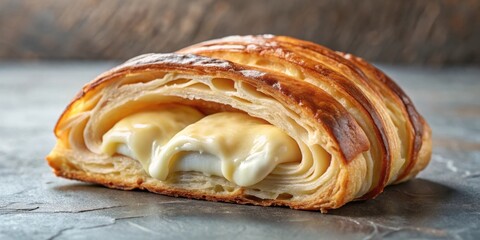 Fototapeta premium Flaky croissant pastry wrapped around a creamy filling of cheese spread, bread, cheesy, bread, cheesy, bakery