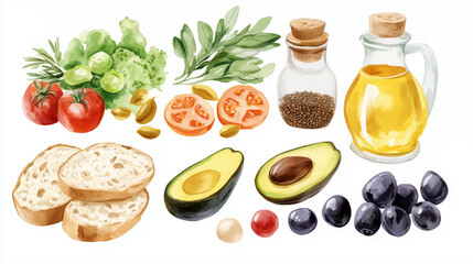 An inviting collection of ingredients including  and various garnishes like fresh bread, fragrant herbs, and olives, avocado, olive oil all artfully arranged