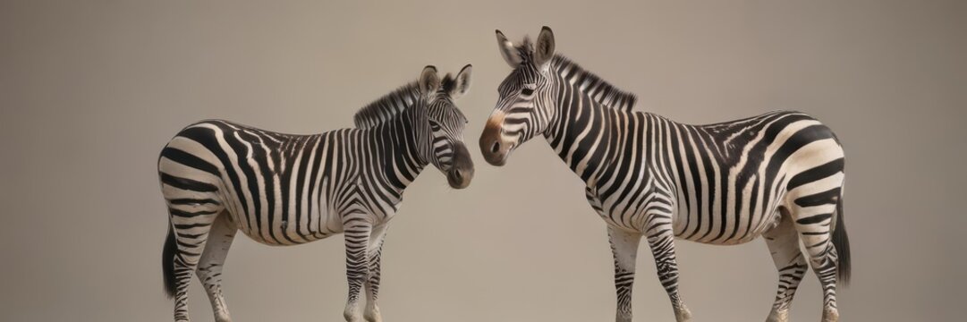 Zebra and donkey standing side-by-side, gazing directly  Striking contrast in coat patterns, calm demeanor, plain backdrop,  hybrid,  zebroid